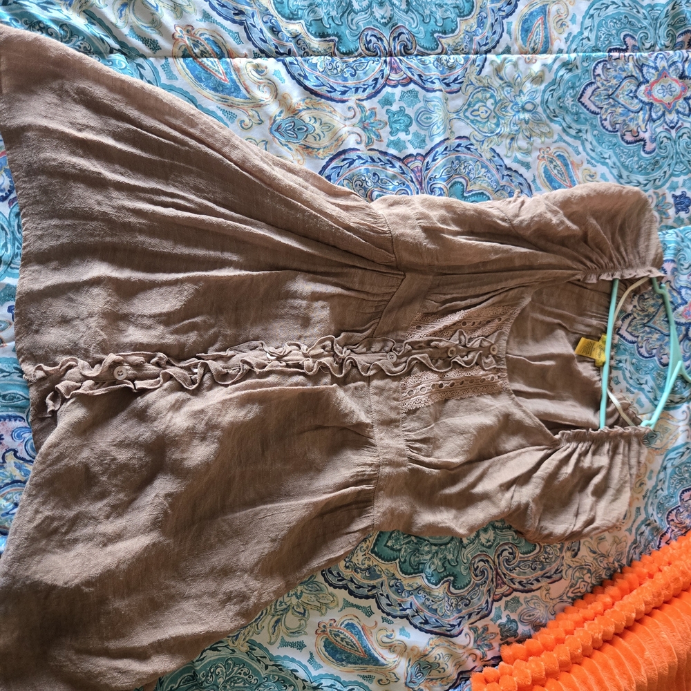 Brown Ruffle-Front Linen Dress